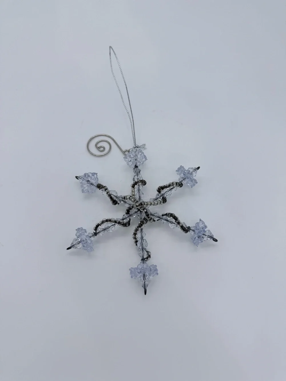 Vtg. Blue Ice Hand Beaded Snowflake Tree Window Ornament With Ornate Beads 5”X5”